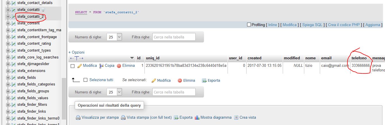 Dati campo "telefono" registrati correttamente
