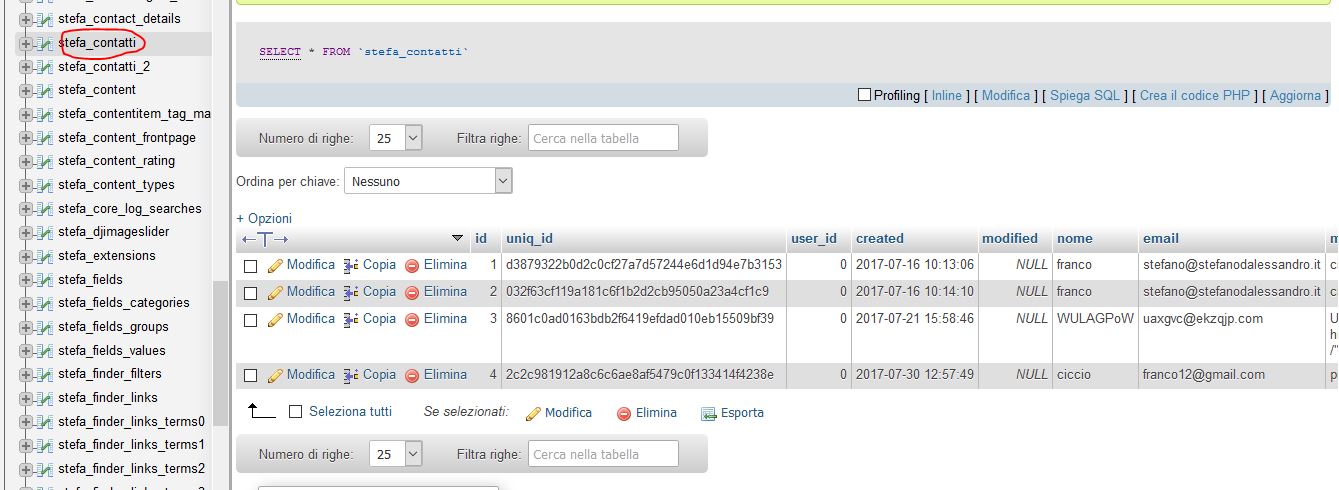 Selezione vecchia tabella da phpmyadmin
