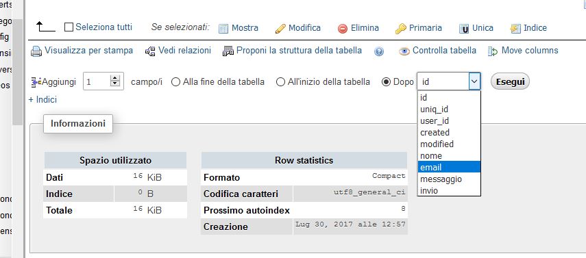 Selezione posizione colonna