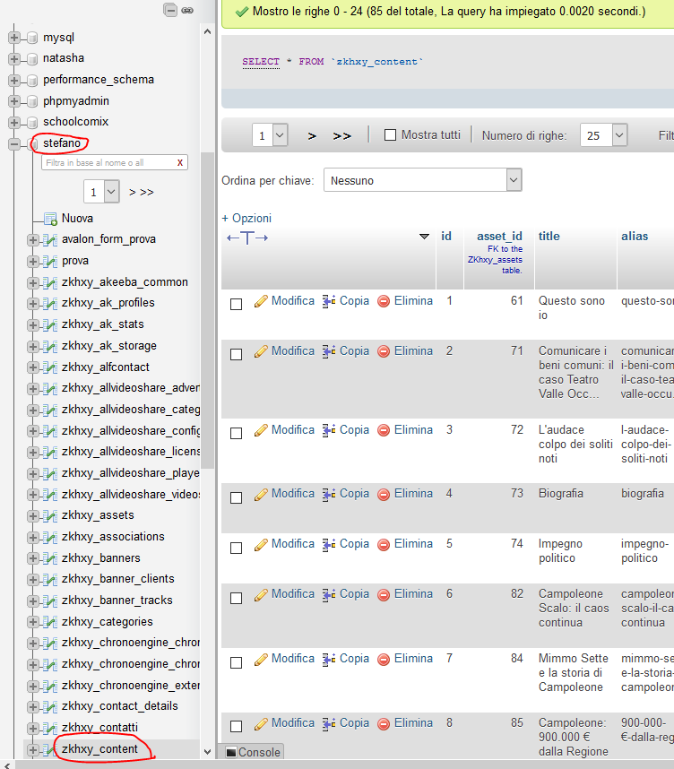 database recupero testi 00